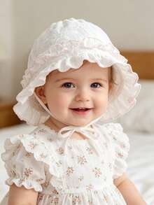 1顶带荷叶边装饰的婴儿遮阳帽，可调节系带，透气防晒，适合女婴 - 1PC - 查看 2