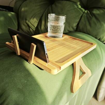 Khay tre gấp gọn gắn tay vịn ghế sofa, có ngăn đựng điện thoại, không cần lắp ráp, món quà tân gia hoặc quà cưới lý tưởng.