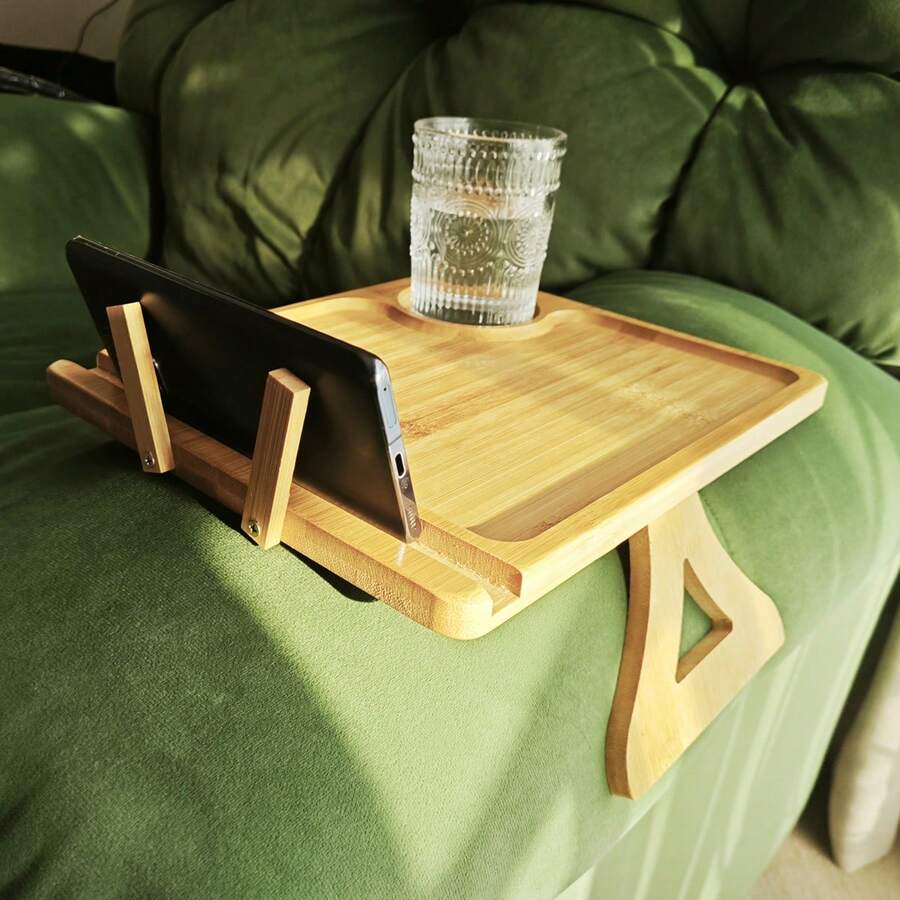 Khay tre gấp gọn gắn tay vịn ghế sofa, có ngăn đựng điện thoại, không cần lắp ráp, món quà tân gia hoặc quà cưới lý tưởng. - Màu be - Xem 1