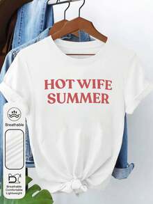 Hot Wife Summer Slogan Print T-Shirt, Summer Vacation Themed Short Sleeve Top For Women, Casual Humor Graphic Tee Vacation Outfits Women - trắng - Xem 5