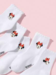 Disney 1/5双装迪士尼儿童袜子，春夏中筒袜，可爱卡通小老鼠配红色波点蝴蝶结图案，经典简约时尚，吸湿透气运动袜，柔软舒适休闲蕾丝袜，适合返校、节日、户外运动、节日礼物、日常穿着 - 彩色 - 查看 3