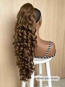 24 Inch Dark Brown Deep Wave Clip-In Ponytail Hair Extension - Heat Resistant Synthetic Fiber, Natural Curly Hair Styling Accessory, Suitable For Women's Daily Use, Daily Hairstyle Styling Accessory, Voluminous Curly Heat Resistant Fiber Wig - Linen Brown - View 3