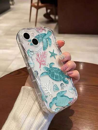 Compatible With IPhone 17/17 Pro/17 Pro Max/16/15/14/13/12/11 Series, 1pc Cream Border & Mint Green Turtle Print Shockproof Phone Case, Fashionable Phone Protective Cover For IPhone 17 Pro Max