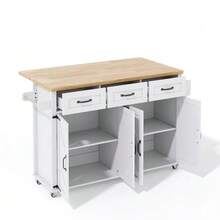 Kitchen Island With Fold-Down Worktop, Equipped With 5 Braked Wheels, 4 Doors, 3 Drawers, Double-Sided Towel Rails, Barn Style Design, White, 140x43(70)X90.5 Cm. - 白色 - 查看 10