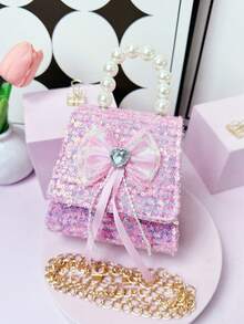 1Pc Girls Bowknot Sequin Faux Pearl Handle Flap Closure Princess Mini Handbag For Wedding Party - Sequined Bow - View 4