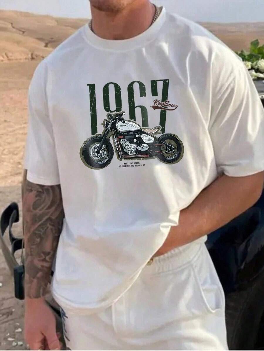 Camiseta de manga corta casual de verano para hombres con estampado de motocicleta y letras - Blanco - Ver 1