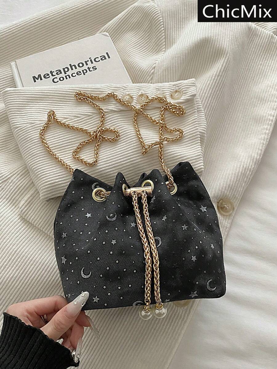 Fashionable Solid Color Chain Strap Mini Bucket Crossbody Bag - Black - View 1