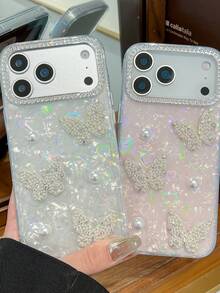 适用于 17 Pro Max、17 和 16 Pro 的镶钻珍珠蝴蝶手机壳，带镜头膜，15 英寸全包防摔，14/13 英寸创意高端保护壳，12 英寸女士款 - 白色 - 查看 5