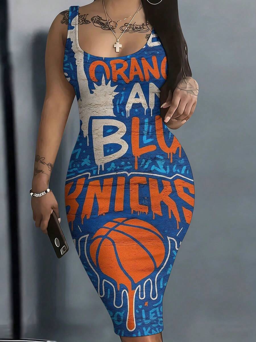 Women's 3D Printed N-B-A Team Vest Dress Orange And Blue Knicks Basketball Drip Pattern Print Gifts From Fans - 薩特利 - 查看 1