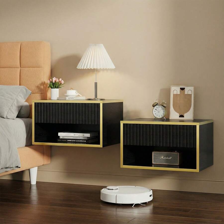 Gold Nightstand Set Of 2, Modern Bedside Table With Drawers And Open Shelf, Floating Design, Small Side Table For Bedroom, Black/ White - Black - View 1