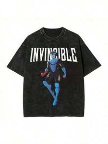 Men's Invincible Teen Superhero Pattern T-Shirt - Vintage Loose-Fit Short Sleeve Top, Bold Cartoon Print, Machine Washable, All-Season Casual Wear, Comic-Style Summer Leisure Apparelsummer Outfit - 黑色 - 查看 1