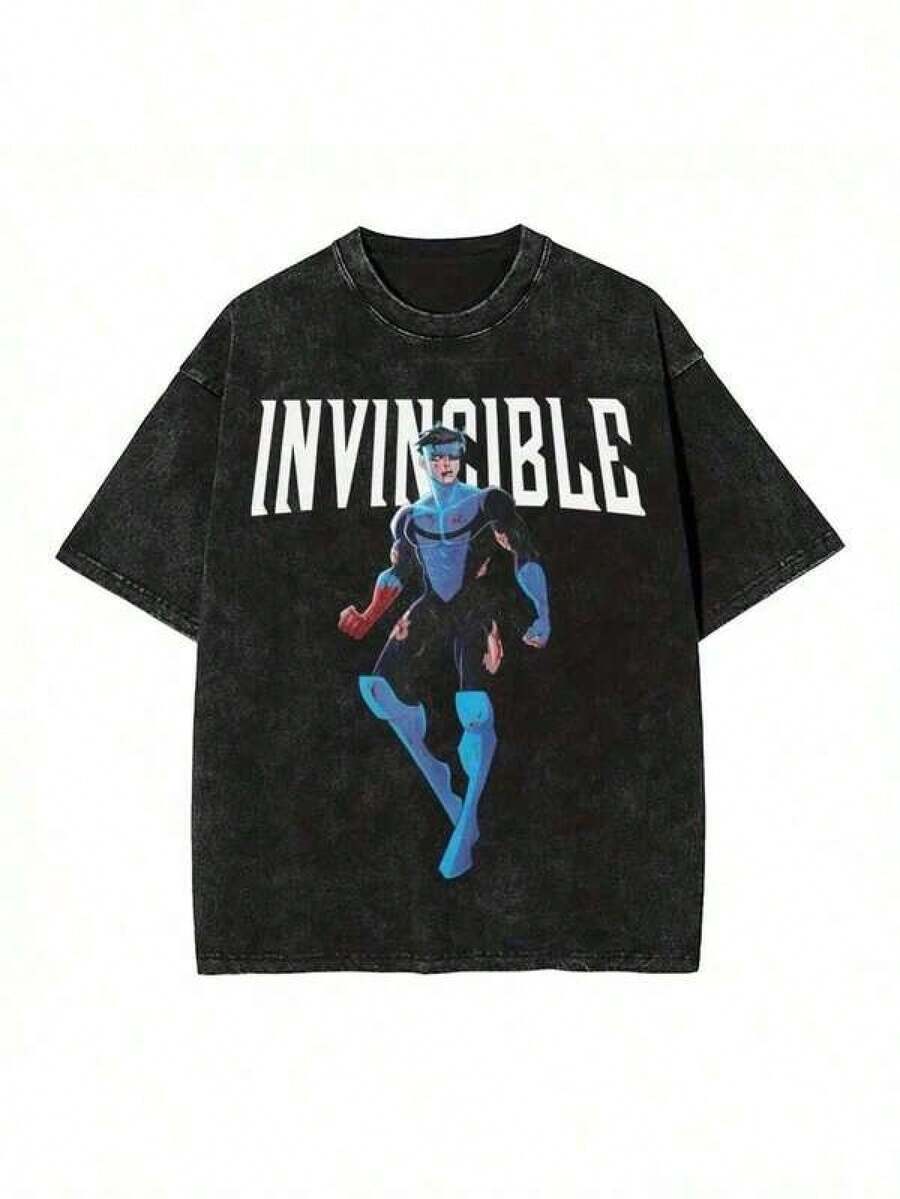 Men's Invincible Teen Superhero Pattern T-Shirt - Vintage Loose-Fit Short Sleeve Top, Bold Cartoon Print, Machine Washable, All-Season Casual Wear, Comic-Style Summer Leisure Apparelsummer Outfit - 黑色 - 查看 1