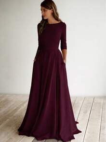 Vestido elegante plisado de punto de unicolor para invitados de boda, primavera - Morado - Ver 3