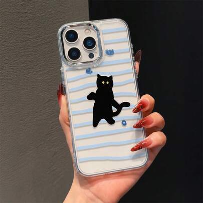 1pc Transparent Electroplated Camera Hole Anti-Fall Anti-Slip Phone Case, Cat Element Blue Stripe & Black Cat Combination Pattern, Suitable For IPhone7/8/7PLUS/8PLUS/X/XS/XR/XSMAX/11/11PRO/11PROMAX/12/12PRO/12PROMAX/12MINI/13/13PRO/13PROMAX/13MINI/14/14PRO/14PROMAX/14PLUS/15/15PRO/15PROMAX/15PLUS/16/16pro/16promax/16PLUS/17/17pro/17promax/AIR