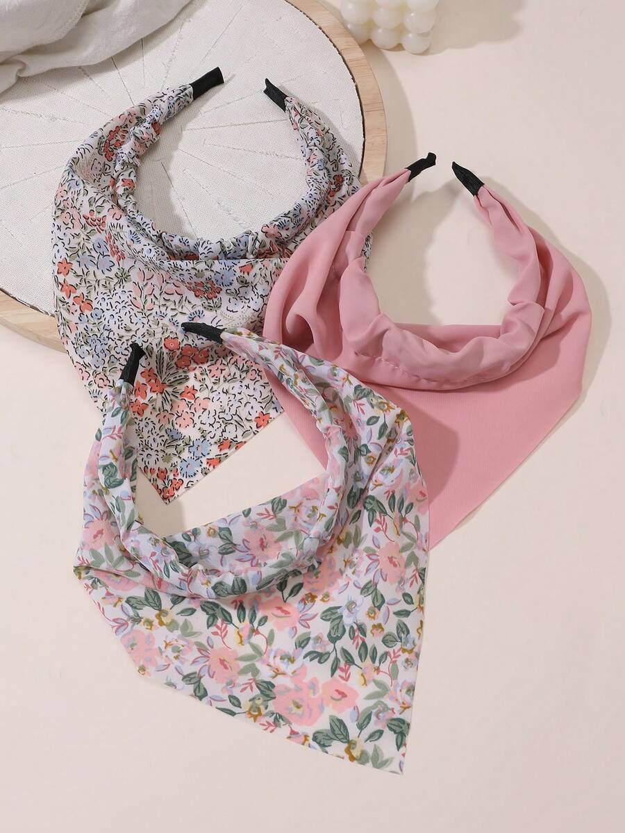 3件套女士波西米亚风碎花印花发箍，适合日常佩戴和春夏度假搭配，可作发带、发圈、节日、派对配饰。 - 彩色 - 查看 1