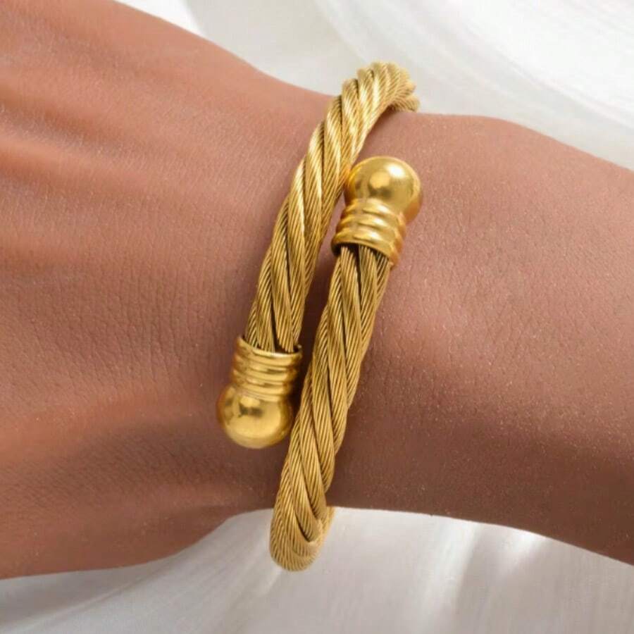 1pc Vintage Hip Hop Punk Style Unisex Stainless Steel Twisted Open Cuff Bracelet - Silver - View 1