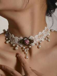 1 pieza Gargantilla de encaje blanco, Elegante cadena de cuello de encaje para novia, Collar corto de cadena de clavícula para mujer - Multicolor - Ver 2