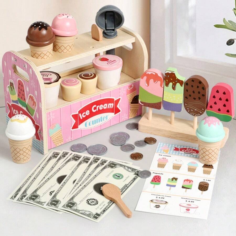Kids Wooden Ice Cream Counter Set, Money Accessories Included Early Learning Educational Toy, Parent-Child Interactive Pretend Gift - 彩色 - 查看 1