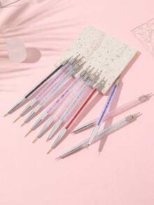 5 piezas Cepillo de línea de arte de uñas de doble extremo, bolígrafo de punteado, herramientas de perforación de rhinestone, dibujo y punteado - Multicolor - Ver 9