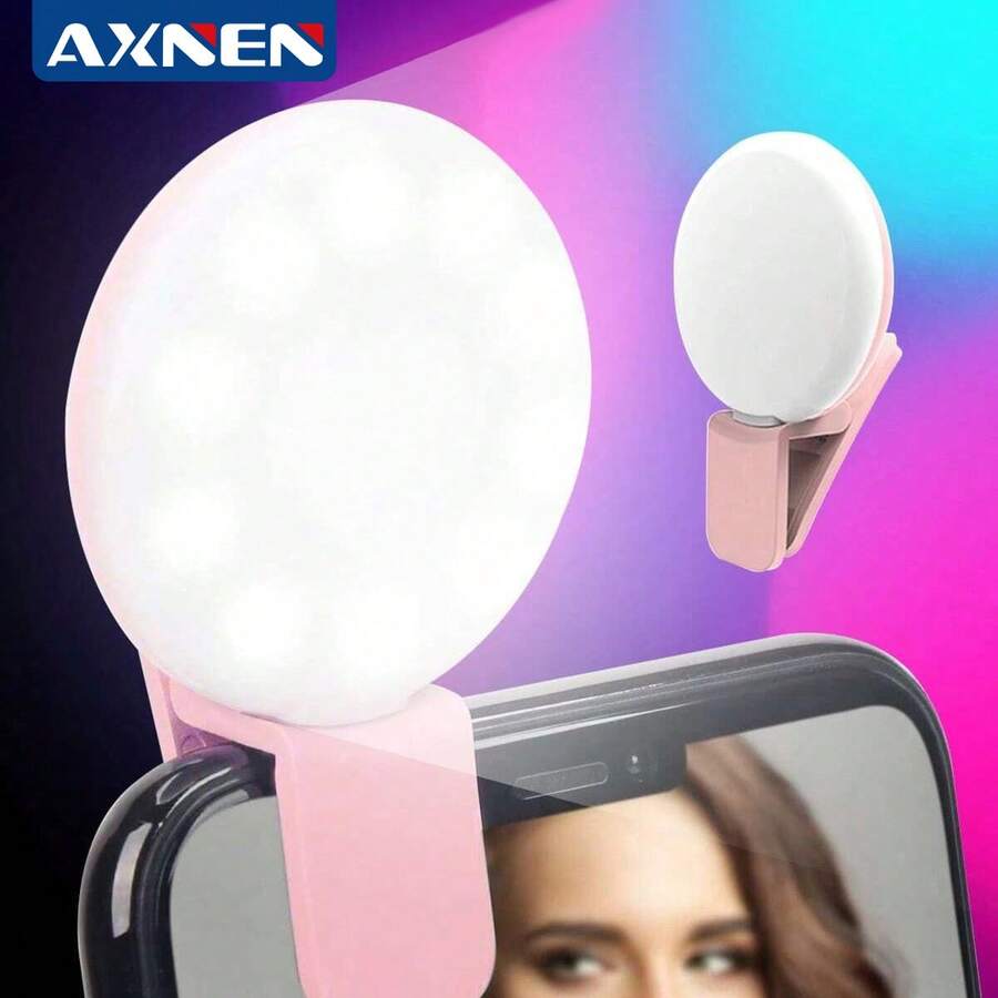 AXNEN 1个便携式夹式圆形自拍环形灯，迷你可充电自拍环形灯，3档亮度可调，电池续航2-8小时，带闪光灯功能，兼容/安卓手机，适用于摄影、视频、Vlog拍摄。 - 粉色 - 查看 1