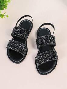 Kids Sequin Sandals, Girls' Summer Korean Style Versatile Princess Shoes, Rhinestone Beach Vacation Soft Bottom Shoes - Black - View 3