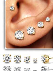Bông tai đính đá Zirconia mạ vàng 14K, kiểu dáng unisex, chất liệu thép không gỉ mạ bạc/vàng, kích thước 3-4-5-6mm, phù hợp đeo hàng ngày. - Như thể hiện trong hình ảnh - Xem 2