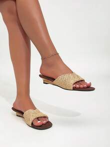 Retro Woven Patchwork Strap Wedge Sandals, Comfortable Beach Slippers For Women Summer - Apricot - View 2