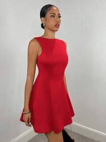 Vestido elegante de unicolor sin mangas con dobladillo con volantes y cintura elástica para citas en otoño para mujer - Rojo - Ver 4