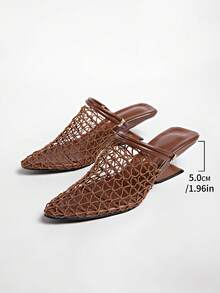 Zapatos de red vintage con estética tejida, sandalias planas con punta puntiaguda, tacón grueso y correa delgada para mujer, tacones de cuña, zapatos de verano - Marrón - Ver 7