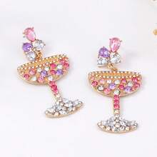 1Pairs Cocktail Glass Earrings - Orange & Clear Rhinestone Studded Chalice Design, Gold Y2K Drops, Party Christmas Statement Ear Jewelry - Gold - View 6