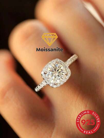 1pc 1 Carat Classic Square Moissanite Ring, Elegant Pendant Ring, Couple Gift For Valentine's Day, Christmas, Birthday, Women's Gift