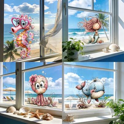 1/4 Stück Sommer Meeresbewohner Statische Haftfolie Fensteraufkleber. Aquarell Meerjungfrau, Wal, Krake, Seepferdchen Glasaufkleber. Abnehmbare wasserdichte PVC Saugnapf geeignet für Wohnzimmer, Badezimmer Dekoration. Strand Themen Party Innenraum Meeresbewohner Dekoration.
