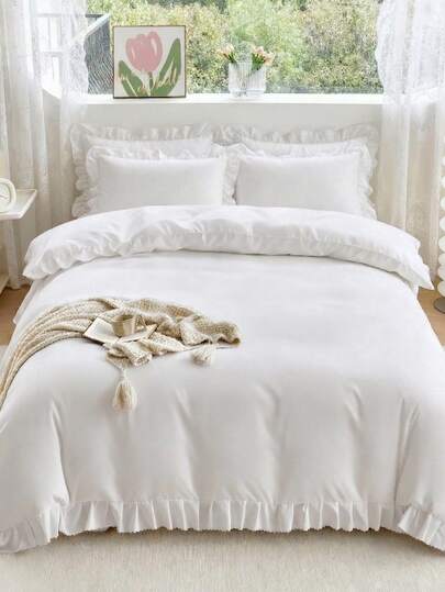 2/3pcs Bedding Set, Solid Color Ruffle Bed Linen Set, Comfortable Room Decor, Skin-Friendly Breathable, Soft Anti-Pilling, Ruffle Duvet Cover And Pillowcase, Excluding Comforter, Suitable For Double Bed, Full Size Bed, King Size Bed And Queen Size Bed, Applicable For All Seasons, Home Textile, Machine Washable, Holiday Gift