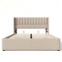Storage Bed, Upholstered Bed, Hydraulic Double Bed 140x200cm, Wooden Slatted Base, Bed With Metal Slatted Base, Linen, Beige - Beige - View 6
