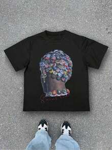 Bottle Cap Artwork Portrait Loose-Fit Graphic Tee, Oversized Casual Pure Cotton, Summer Top For Women - 黑色 - 查看 7