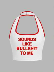 Sounds Like To Me Letter Graphic Halter Backless Sexy Tank Top, Suitable For Spring/Summer Daily Wear Casual - Red and White - View 2