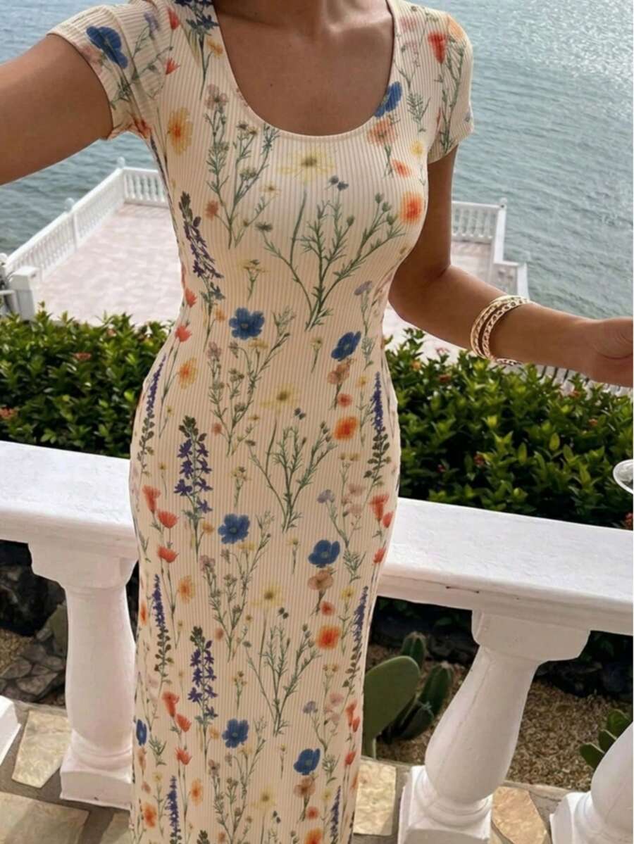印花连衣裙，女士春夏短袖U领连衣裙，后背系带收腰度假连衣裙
