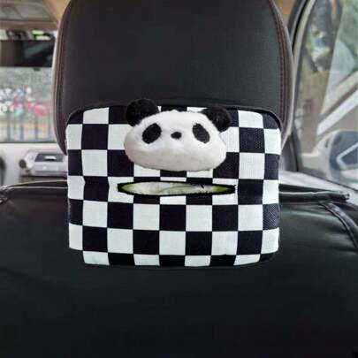 1个熊猫造型可爱车载纸巾盒，黑白棋盘格图案，可悬挂于汽车座椅靠背，汽车内饰装饰