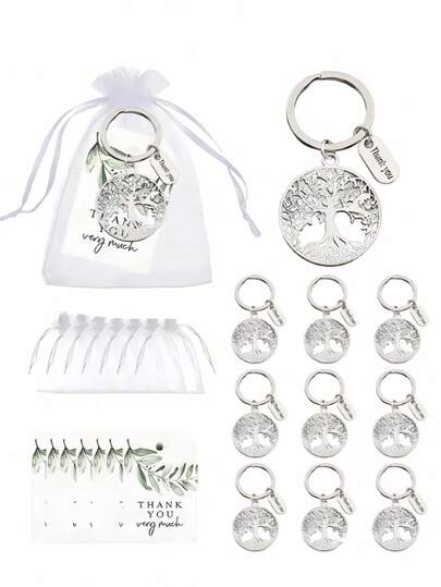 12pcs Life Tree Key Chain Gift Set, Including 4 Green Leaf Thank You Cards, 4 White Organza Bags, And 4 Hollow Metal Key Chains, Suitable For Graduation, Thanksgiving, Teacher's Day, Parties, Team Rewards, Morale Boosting, Anniversaries, Christmas, And New Year Occasions