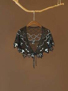 1PC Sheer Lace Flapper Shawl Elegant Vintage Sparkly Beaded Sequin Cape Boho Evening Women's Dress Outerwear Shawl - 黑金色 - 查看 10