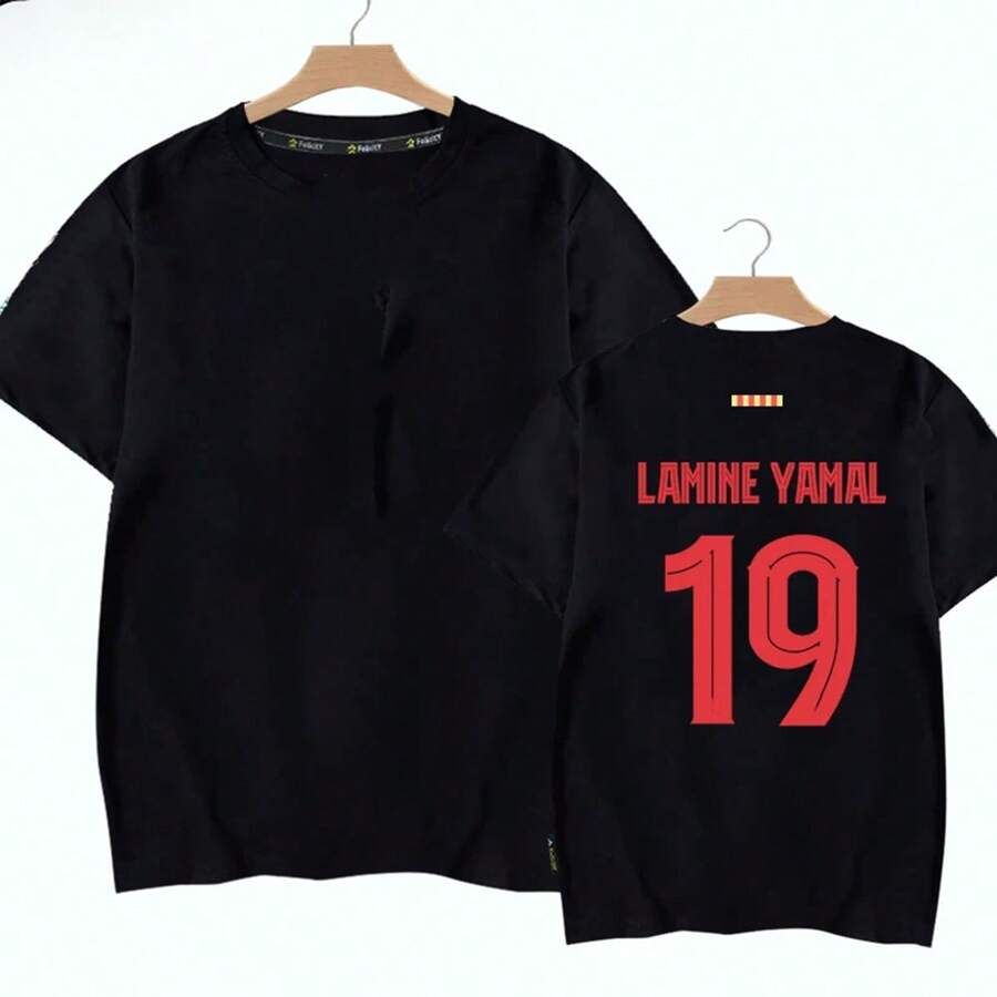 Yāmāl #19 Back Print Soccer Jersey T Shirt, Classic 90s Football Fan Style 100% Cotton Short Sleeve Tee, Unisex Soccer Streetwear - Black - View 1