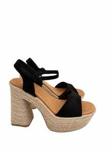 Textile Sandals In Black, Gold, And Apricot With A Wide Heel And Platform, Lined With Braided Jute, And Featuring A Front Strap And Adjustable Ankle Strap For Added Support. Elegant And Comfortable, They're Ideal For Both Casual And Formal Summer Looks. - 全黑 - 查看 5