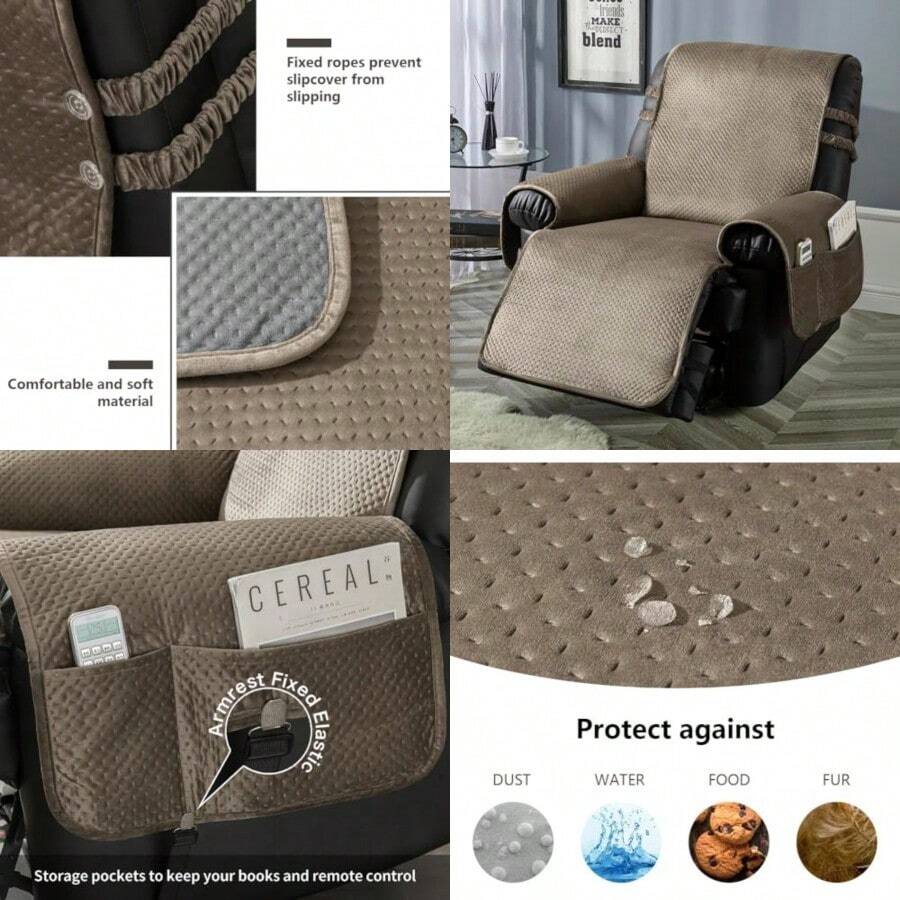 STONECREST Funda para silla reclinable funda acolchada de terciopelo resistente al agua se mantiene en su lugar café/gris reclinable de 25 pulgadas regular - marrón/gris - Ver 1