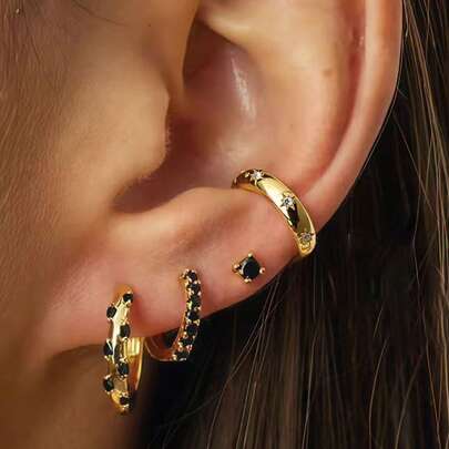 4pcs Set Minimalist Black Cubic Zirconia Stud Earrings, Women's Daily, Dating, Party Layering Accessories, Fashion Matching