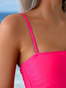 Casual    Buckle  Asymmetrical  Ruched    Beach  Vacation - Hot Pink - View 4