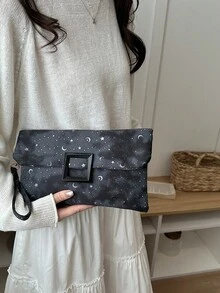 Hevel 女士信封手拿包，小方手提包，星月图案 - 黑色 - 查看 4
