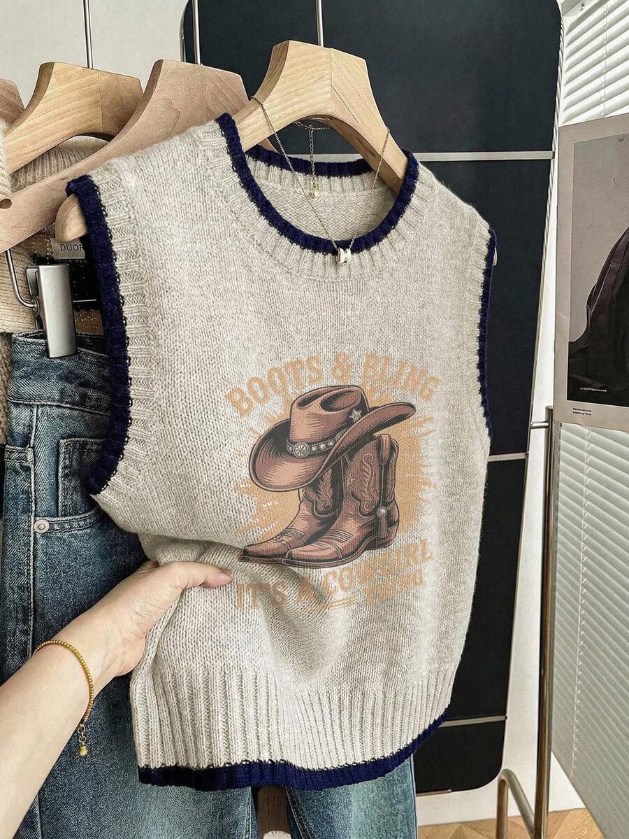 Áo len nữ không tay cổ tròn mới mùa thu đông, phối cùng bốt cao bồi và mũ in họa tiết, áo tank top kaki dệt len viền màu tương phản, kiểu dáng thường ngày thoải mái cho mùa tựu trường, áo len nữ dáng rộng, trang phục mùa thu cho nữ, áo đi chơi, trang phục hàng ngày, lễ tốt nghiệp mùa hè - Nhiều màu - Xem 1