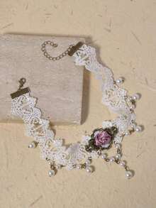 1 pieza Gargantilla de encaje blanco, Elegante cadena de cuello de encaje para novia, Collar corto de cadena de clavícula para mujer - Multicolor - Ver 4