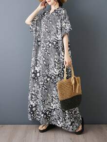 AZAH 萬聖節優雅舞會夏季女款黑色休閒長洋裝，寬鬆波希米亞風沙灘洋裝，大尺碼A字長裙，V領短蝙蝠袖，舒適棉麻面料附口袋 - 黑色 - 查看 4