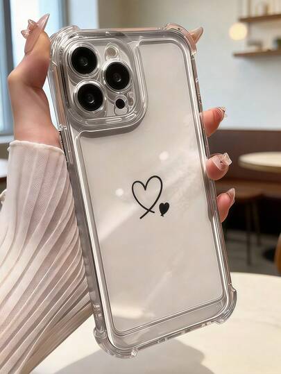 1pc Creative Black Minimalist Double Heart Transparent Airbag Shockproof Phone Case Compatible With Apple 7/8/X/XR/XS Max/11/12/13/14/15/16/17 Pro Max, Galaxy A14/A15/A16/A17/A04/A05/A06/A07/A54/A55/A56/A57/A34/A35/A36/A37/S26/S26+/S26 Ultra, 12C/13C/14C/15C, Honor 400/400 Pro/400 Lite/300/300 Pro/200, C85 Pro/C75/C71/C63/C53